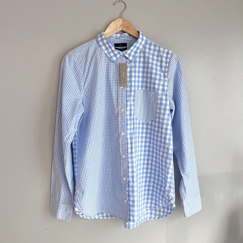 J.Crew Cocktail Boy Shirt Womens Size 12 Blue Gingham Button Front‎ Preppy NWT
